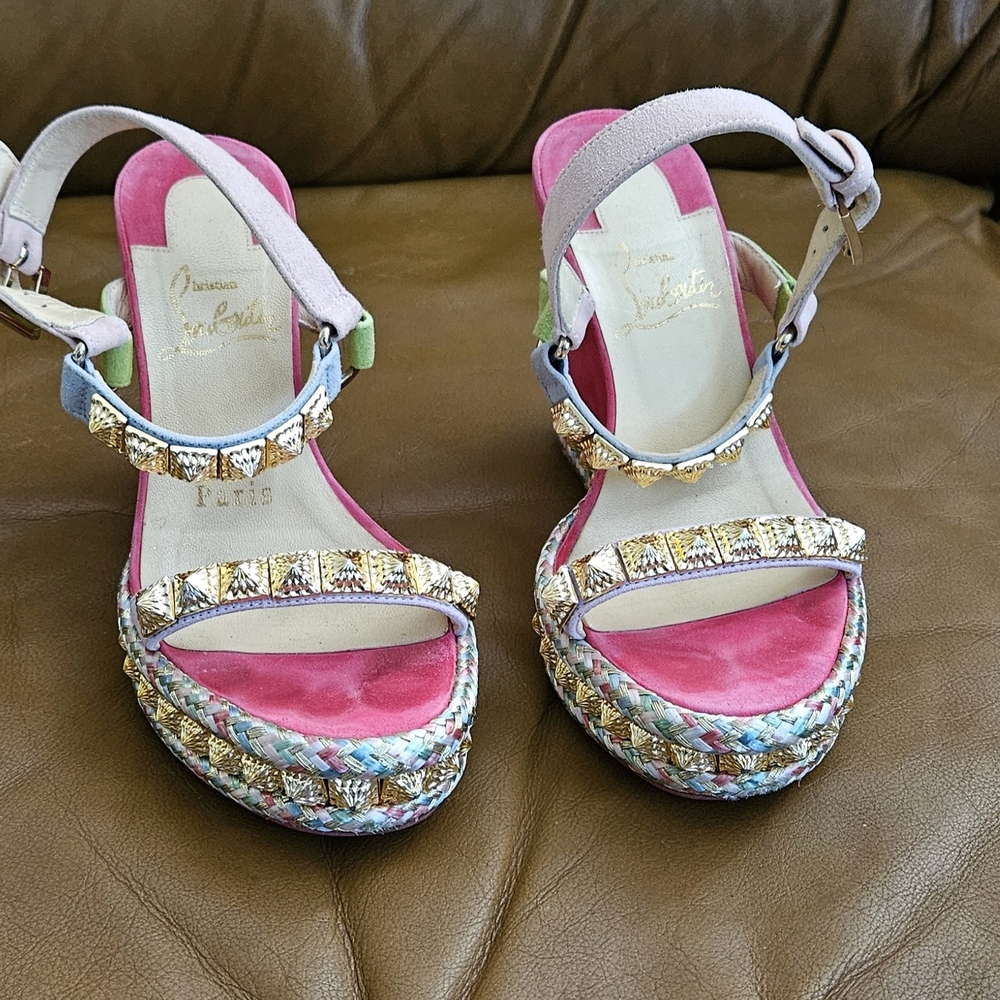 Christian Louboutin Pyraclou Suede Multicolor Gold Accent Wedges Sz 4 US - Picture 6 of 15